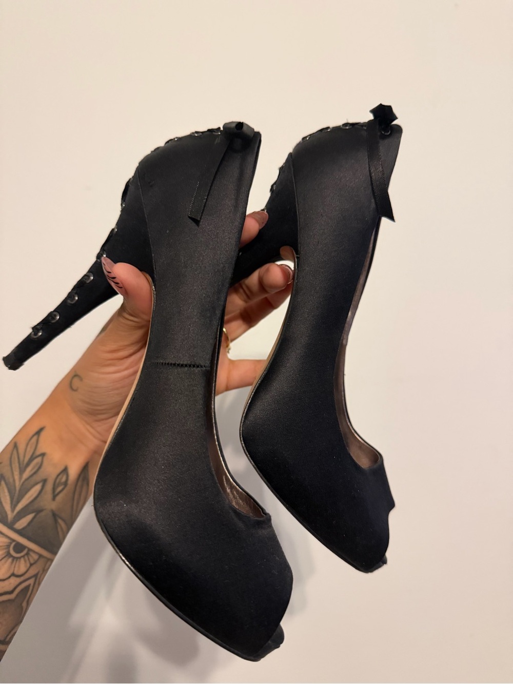 BCBGMaxAzria Black Satin Peep-Toe Stiletto Heels